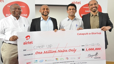 (L-r): Tomi Davies, chairman and founder, Mobile Monday, Zubair Abubakar, co-founder/CEO Chop Up, Roht Arora, assistant marketing manager, Airtel Nigeria and Nitin Anand, vice president, Data Products and Services, during the Airtel Catapult-a-Startup prize presentation in Lagos recently.